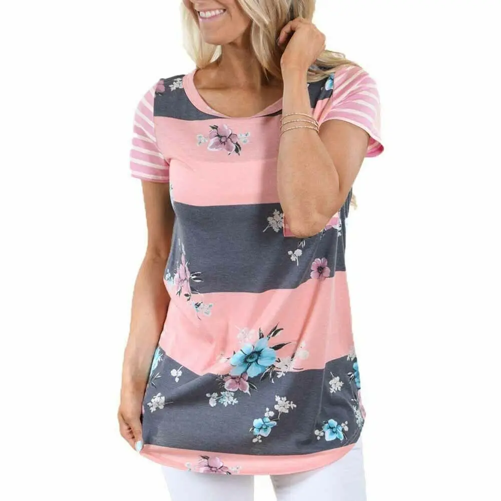 Полосатая Женская одежда для беременных с круглым вырезом и цветочным принтом, топы для кормящих мам, футболка для грудного вскармливания с длинным рукавом - Цвет: Style A Pink