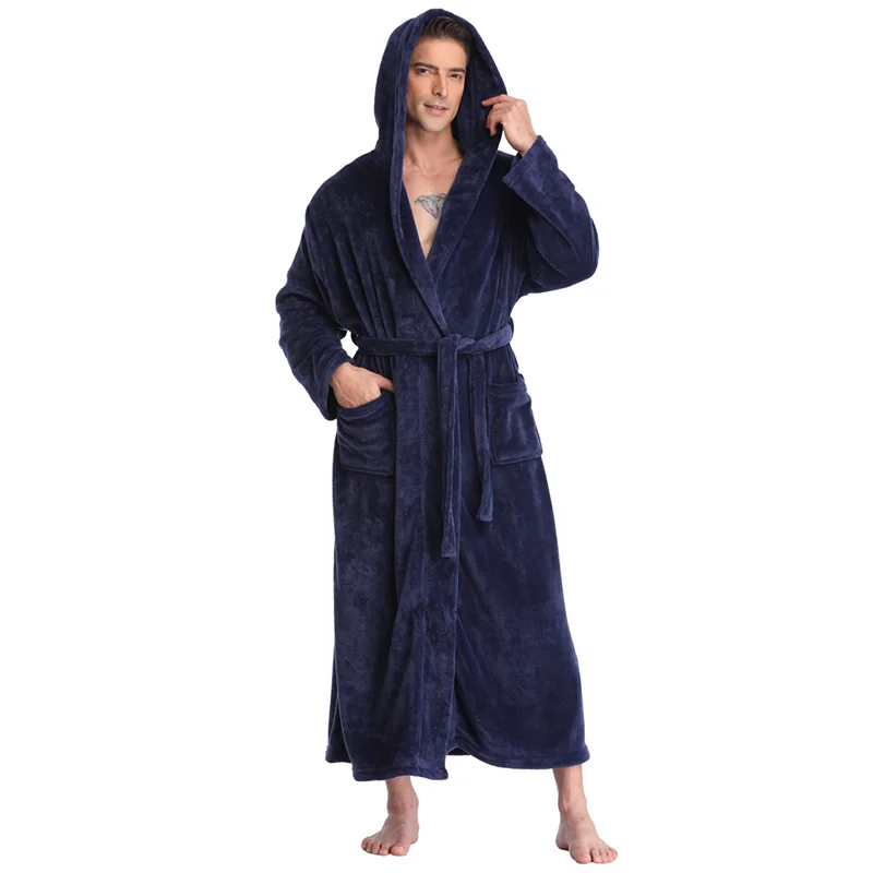 mens cotton pajama pants Witbuy Men Lacing Kimono Bathrobe Winter Solid Long Robe With Pockets Thick Warm Hooded Sleepwear Nightgown Male Loose Homewear cotton pajamas for men