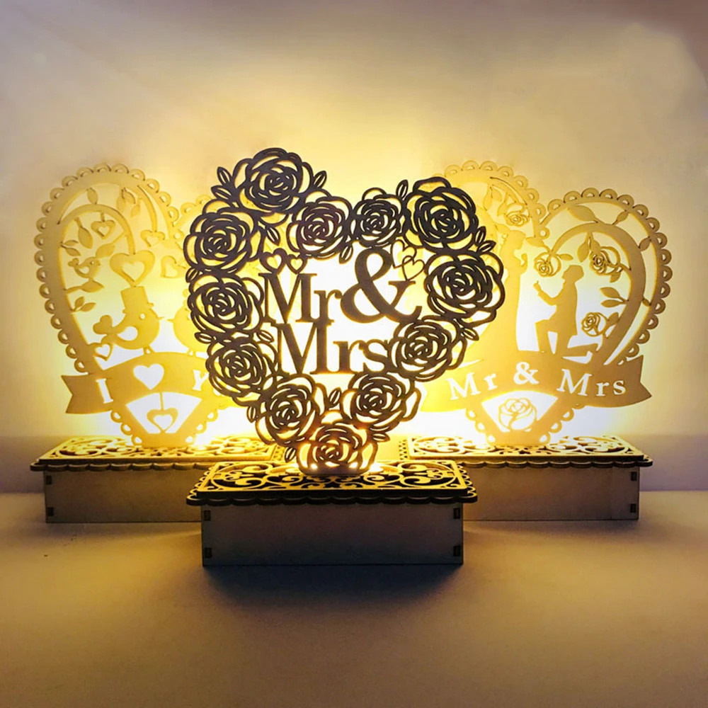 Wedding Wooden Decor Mr Mrs Love Heart Shape Romantic Pendant LED Night Light