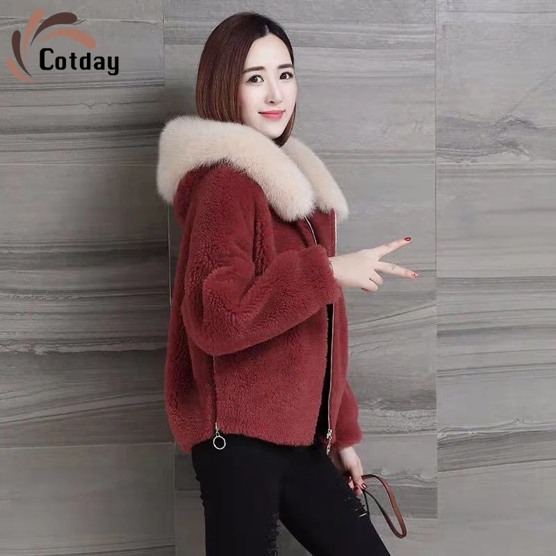 

Cotday Short Imitation Fur Red Women Winter Plush Coat Fashion Thickened Sheared Lamb Elegant Korean Version A Hooded Fur Coat