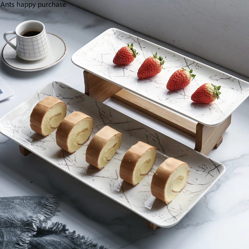 Double Layer Ceramic Plate Cake Tray with Wooden Shelf Get Together Display Afternoon Tea Dessert Stand | Дом и сад