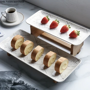 

Double Layer Ceramic Plate Cake Tray with Wooden Shelf Get Together Display Plate Afternoon Tea Dessert Cake Stand Display Stand