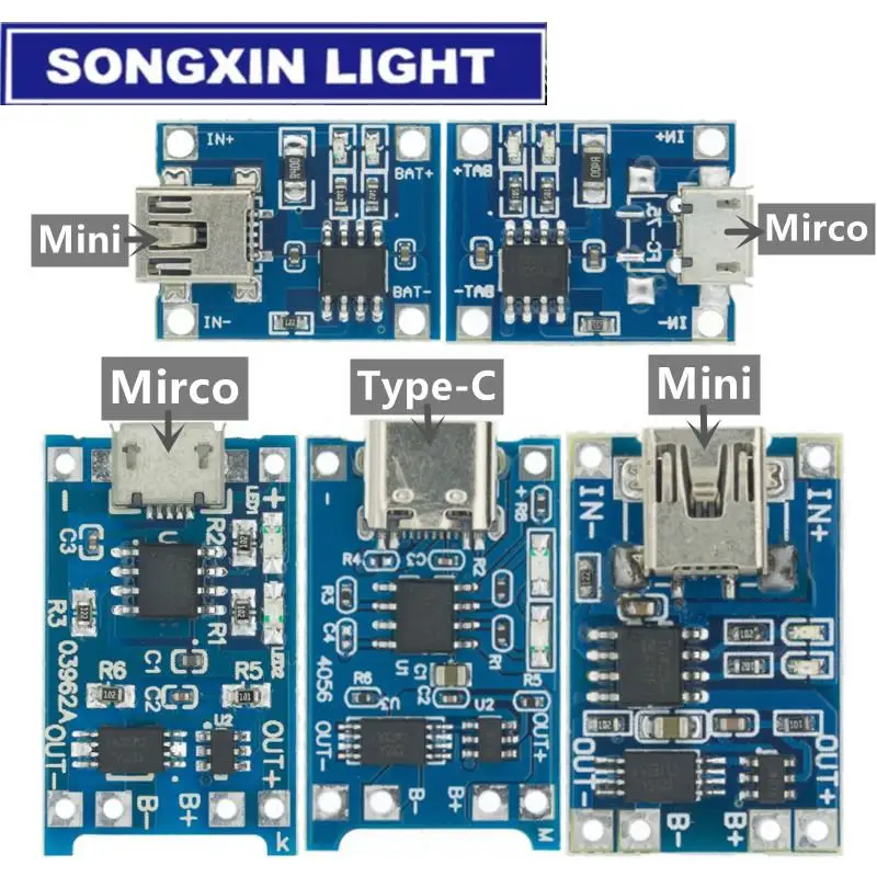 10Pcs Micro Type-c USB 5V 1A 18650 TP4056 Lithium Battery Charger Module Charging Board With Protection Dual Functions Li-ion |