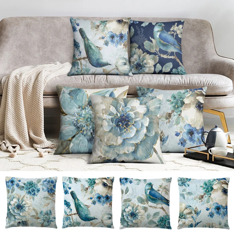 Artistic Oil Painting Design Cushion Cover Vintage Bird And Flower Floral Printed Blue Linen Pillowcase Sofa Throw Pillows Case | Дом и сад