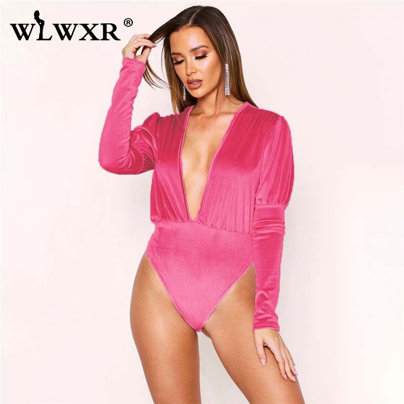 Розовый WLWXR, сексуальное Клубное бархатное боди для женщин, топы, обтягивающие, с длинным рукавом, бодикон, боди для женщин, Осень-зима, черный женский комбинезон - Цвет: Розовый