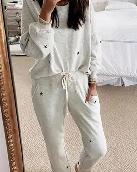 

Star Print Long Sleeve Casual Tops & Drawstring Pants Set Women Two Piece Outfits Loungewear