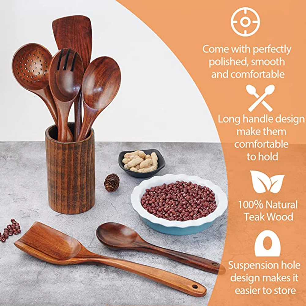 1-7pcs Kitchen Utensils Set Wooden Cooking Utensil Set Non-stick Pan Kitchen Tool Neighbor gift Wooden Cooking Spoons Set
