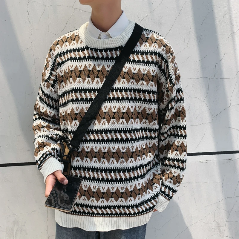 

UYUK2109 Autumn And Winter New Pattern Stitching Round Neck Temperament Creative Fashion Loose Men's Thick Sweater Clothes