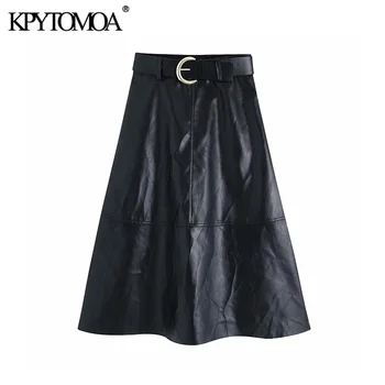 

Vintage Chic Faux PU Leather With Belt Midi Skirt Women 2020 Fashion A Line Side Zipper Office Wear Female Skirts Faldas Mujer