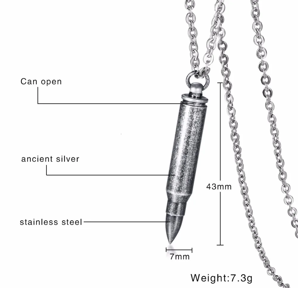 Vnox, можно открыть пулю кулон для мужчин ожерелье 2" цепь из нержавеющей стали, винтажное посеребренное Стильное мужское ювелирное изделие