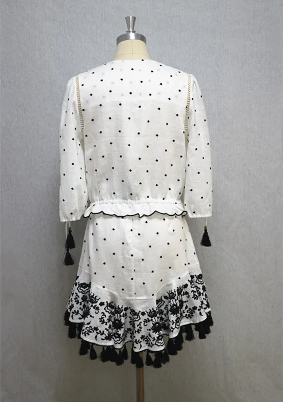 AU Boho Polka Dot Embroidery Linen Smock Top/Mini Skirt Twinset Balloon Elbow Sleeve Exotic Pattern Fringed Ruffles Skater Skirt