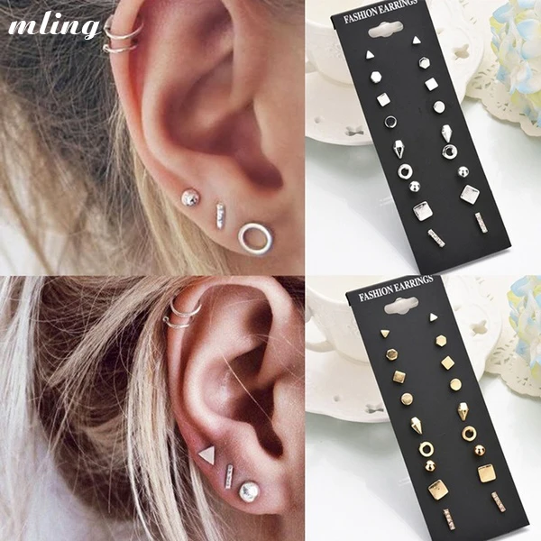 9 Pairs/set Gold Silver Crystal Earrings Set Women Female Round Small Geometric Piercing Earrings for Party Gift Wholesale