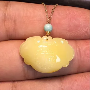 

Genuine Natural Yellow Amber Necklace Jewelry For Women Men 27x15x7mm Lock Shape 14K Gold Chains Crystal Pendant Necklace AAAAA