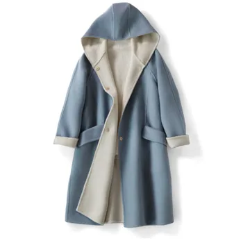 

New Handmade Woolen Coat Women's Loose Hooded Double-sided Pure Color Dark Buckle Temperament Long Coat 2020 Winter New B022