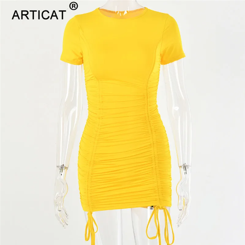 Articat/Белое Плиссированное облегающее платье с рюшами; женские вечерние мини-платья на завязках с коротким рукавом; однотонное повседневное обтягивающее платье - Цвет: Цвет: желтый