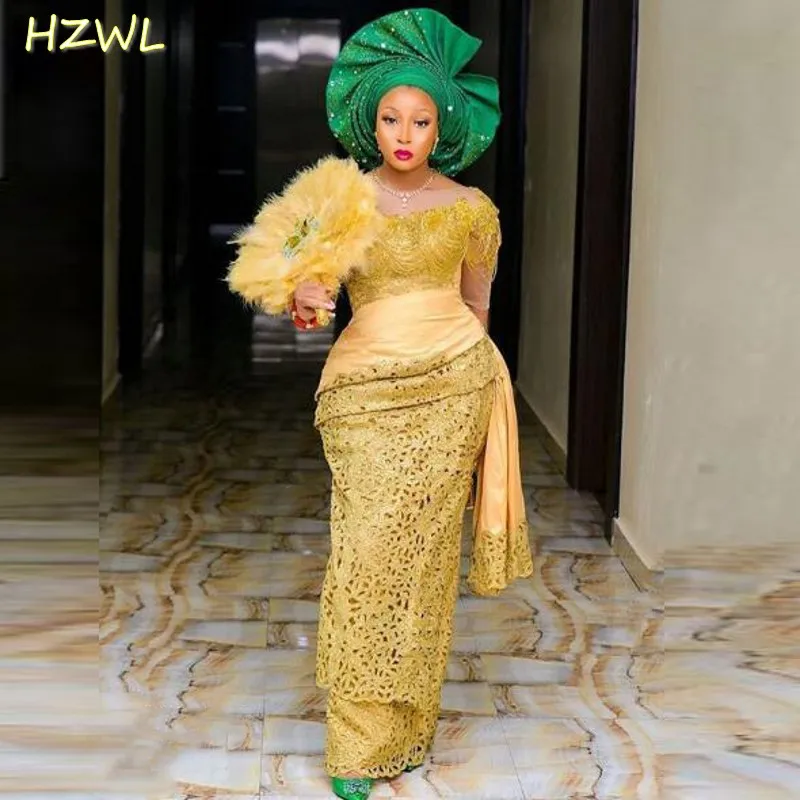

Aso Ebi African Prom Dresses Yellow Lace Mermaid Plus Size Ruffles Sheer Long Sleeves Evening Gowns Robe De Soiree Custom Made