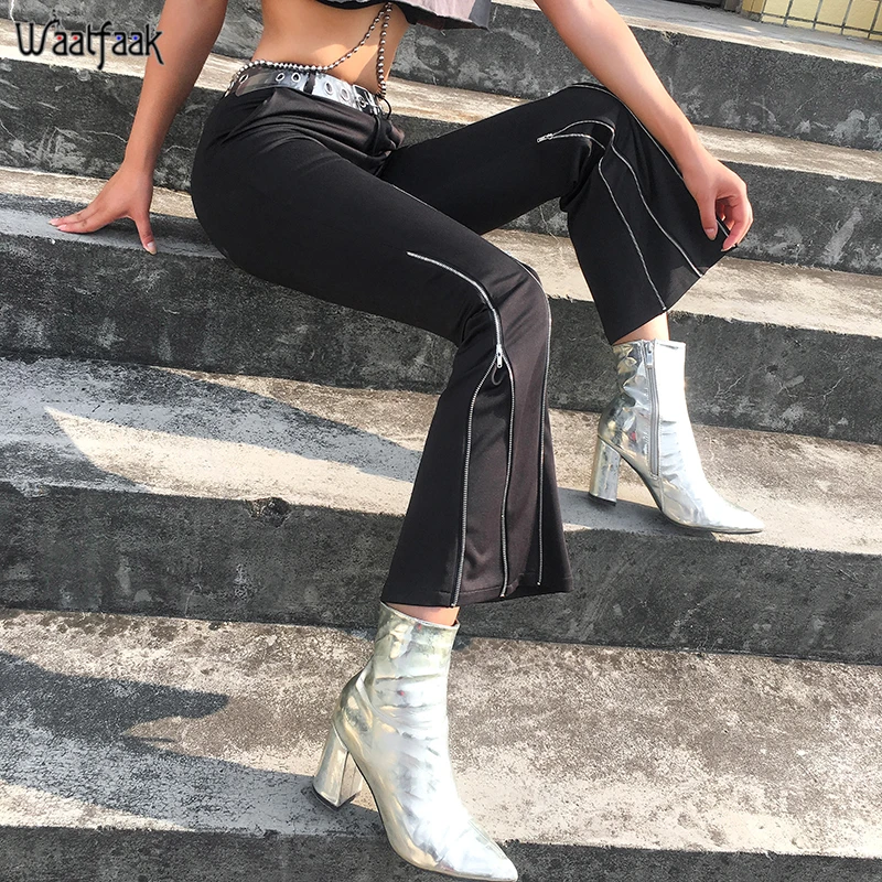 

Waatfaak Zipper Up Cargo Trouser Ladies Elegant Flare Pants Black Bell Bottom Elegant Ankle-length Pants Women Office Korean