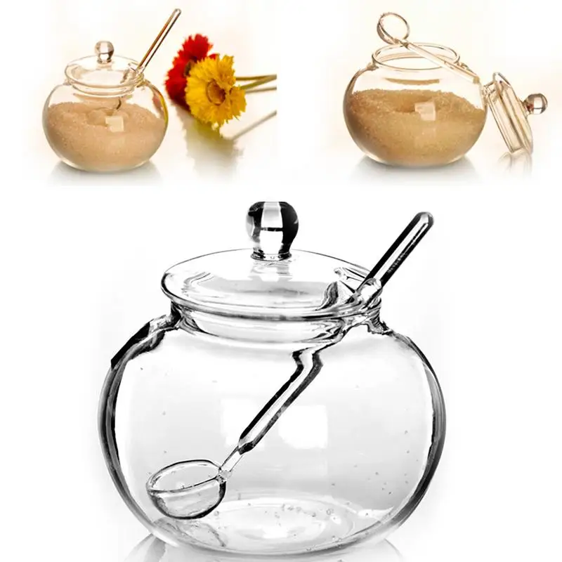 250ML Crystal Glass Jar With Lid Spoon Candy Spice Pots Spicing Sugar Bowl Home Transparent Flatware Kitchen Cooking Organizer spice container glass honey jars sugar bowl