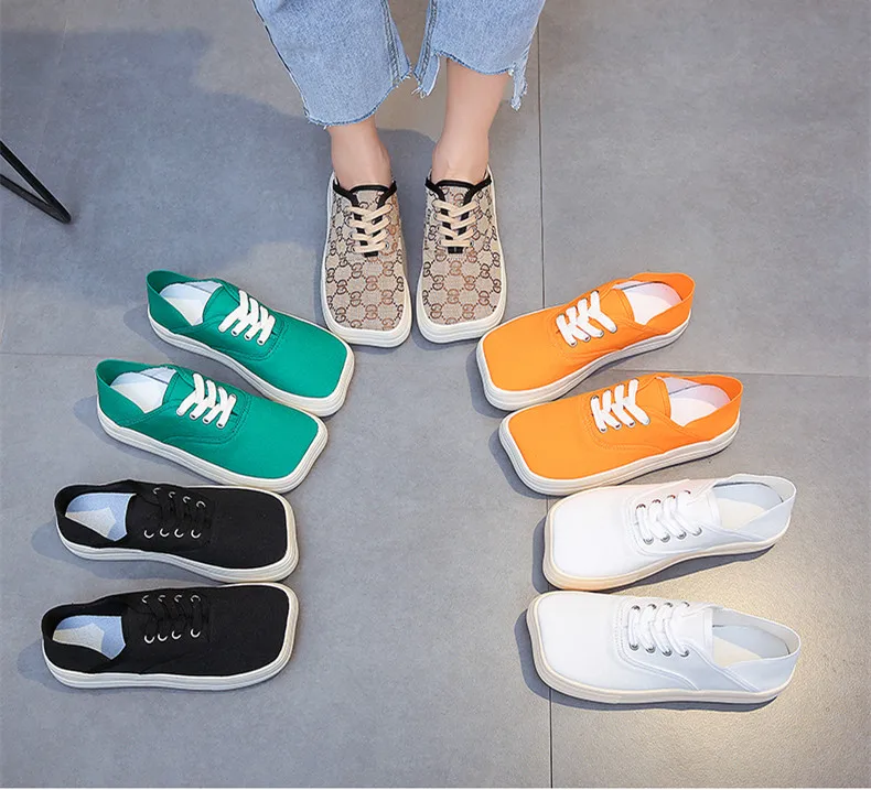 С квадратным носком Женская парусиновая обувь Парусиновая 2020 новые модные