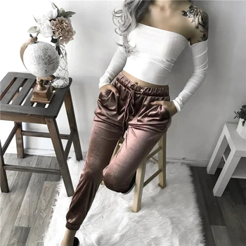 

2019 Women Casual Drawstring Elastic Trousers Velvet Pocket Jogging Gym Long Harem Pants