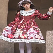 Японский сладкий принцесса Лолита платье ретро falbala o-образным вырезом с высокой талией милый печать викторианское платье kawaii Девушка готика Лолита op