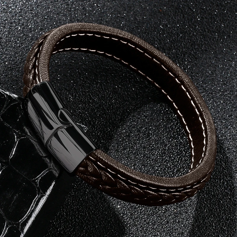 New Fashion Punk Men's Jewelry Braided Leather Bracelet Women Handmade Bangles Trendy Stainless Steel Clasp Male Wrist Band