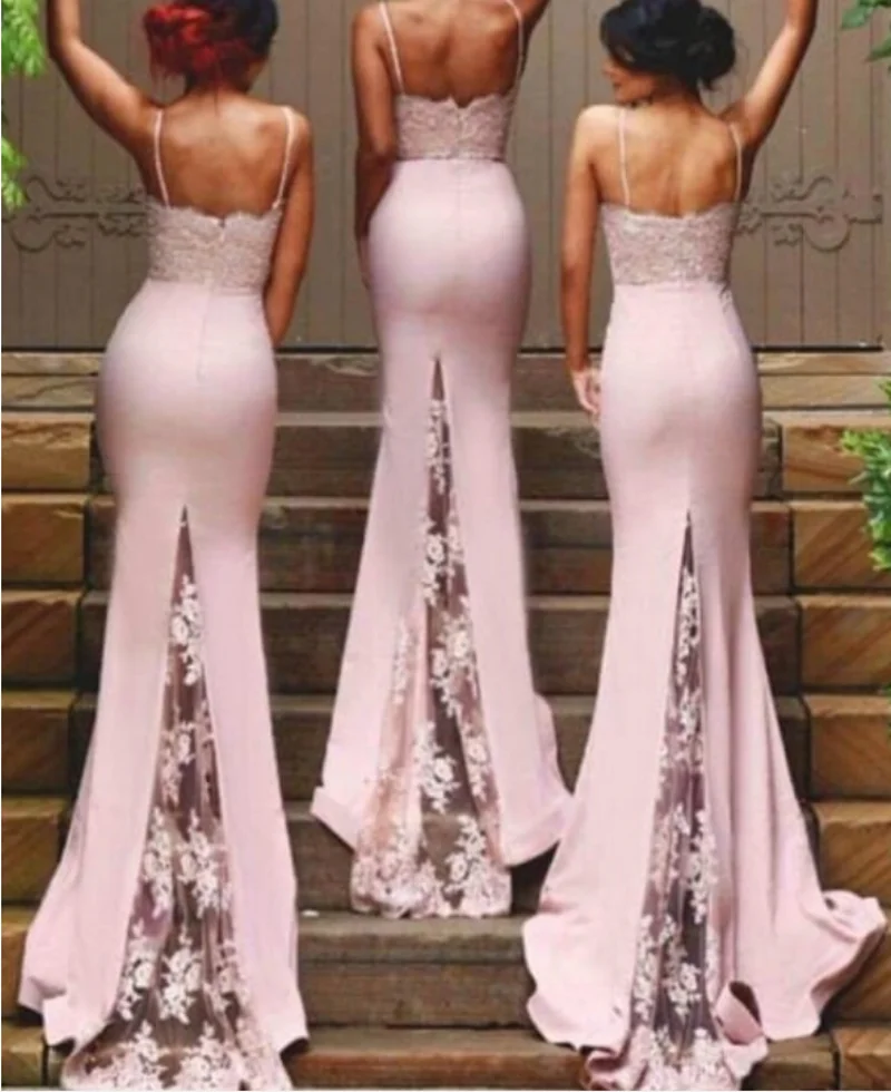 Сексуальные платья невесты Спагетти ремень vestido de festa De Sheer Кружева аппликация Румяна персик Длинные платья невесты
