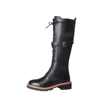 

Genuine 100% leather knee high winter boots women Low heels fashion women boots Plus size Black womens shoes Flats