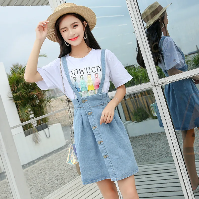 

9037 Photo Shoot Spring And Summer New Style Korean-style Loose-Fit Students High-waisted A- line Cowboy Strap Dress Skirt Short