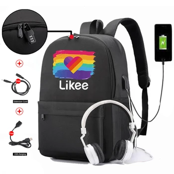 

Russia Likee App "LIKEE 1 (Like Video)" Men Anti-theft Backpack USB Charging Heart Cat School Bags for Teenage Travel Mochila