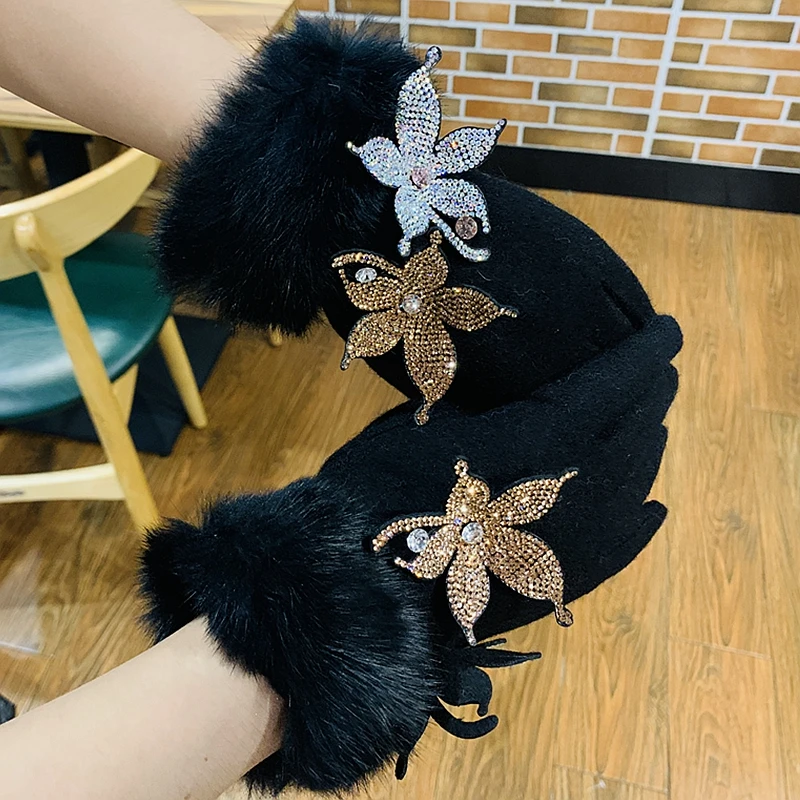 

Women's Winter Wool Touch Screen Gloves Rhinestone Luxury flower Rabbit Fur Gloves Female Mittens Cashmere Warm Gloves Luva