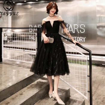 

Skyyue Sequined Cocktail Dresses 2019 New Fashion A-line Party Formal Dress Elegant Knee Length Lace Up Prom Ball Gown E319