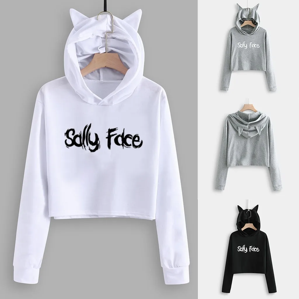 Женские толстовки с капюшоном, укороченный топ с надписью «SALLY FACE» и кошачьими ушками, укороченная Толстовка с длинным рукавом, пуловер с капюшоном, женская уличная одежда