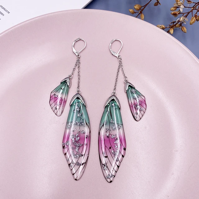 Fairy Resin Butterfly Earrings for Women Shining Crystal Flake Double Wing Long Drop Earrings Ladies Wedding Party Jewelry 2020 SF-Pink Green