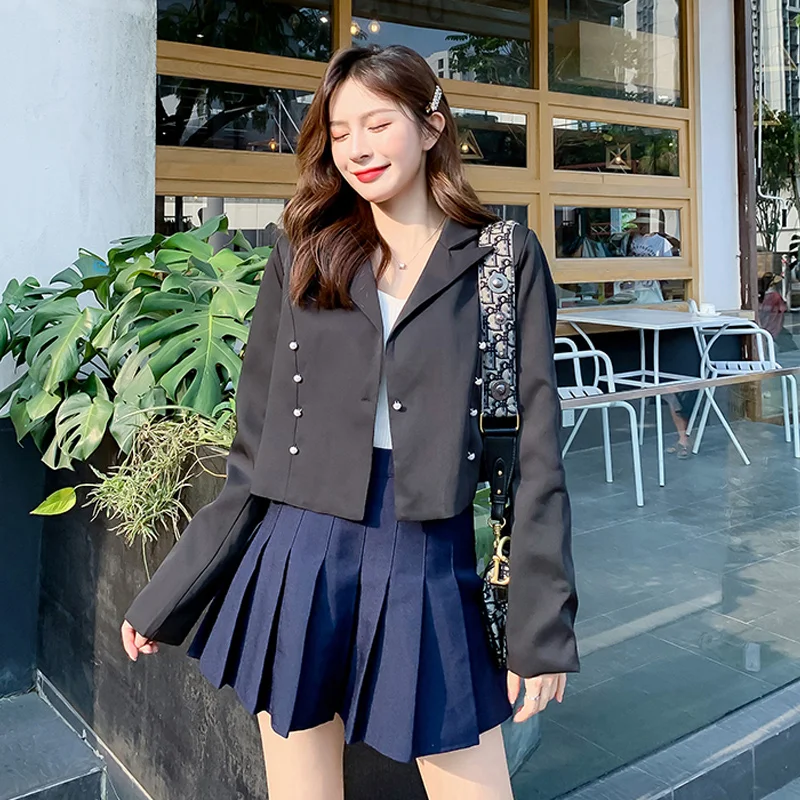 

2019 Autumn New Black Small Suit Fashion Decorative Pearl Buckle Short Coat Female Long Sleeve Short Jackets Mini Thin Tops