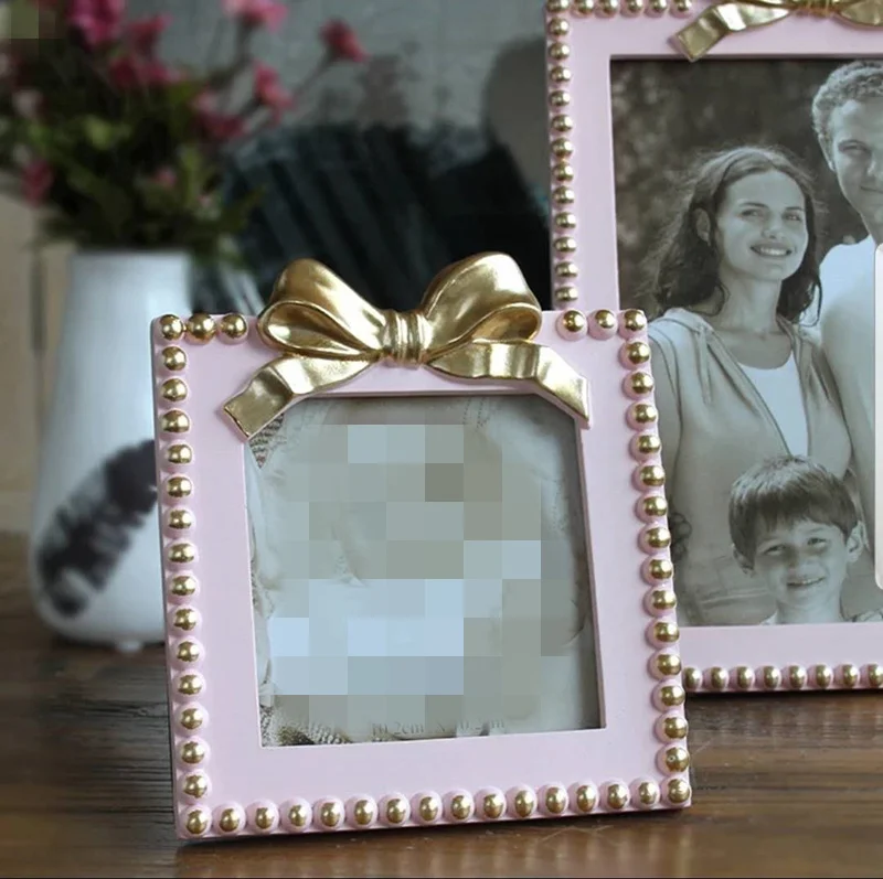 С украшением в виде банта фоторамка смолы Стекло рамка для фотографий для детей 6/7 8 фут домашное украшение свадебные Семья альбом рамка порта retrato квадро - Цвет: 4 inch pink-golden