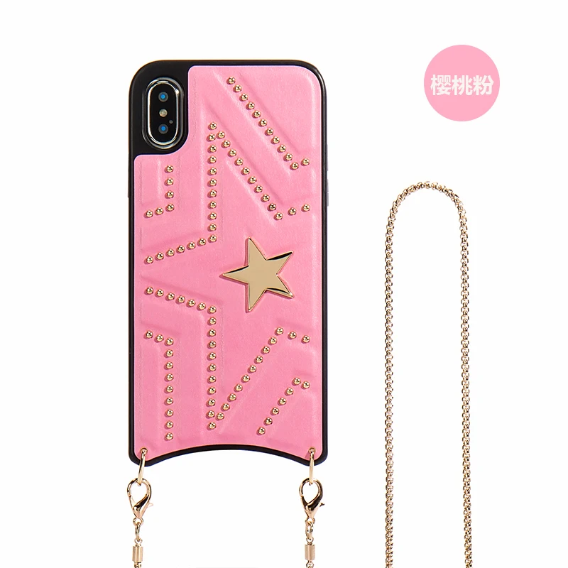 Luxury Fashion Cool 3D Rivet Star Handbag Leather Case Cover With Long Metal Chain For Iphone 11 Pro XS Max XR X 8 7 6 6S Plus