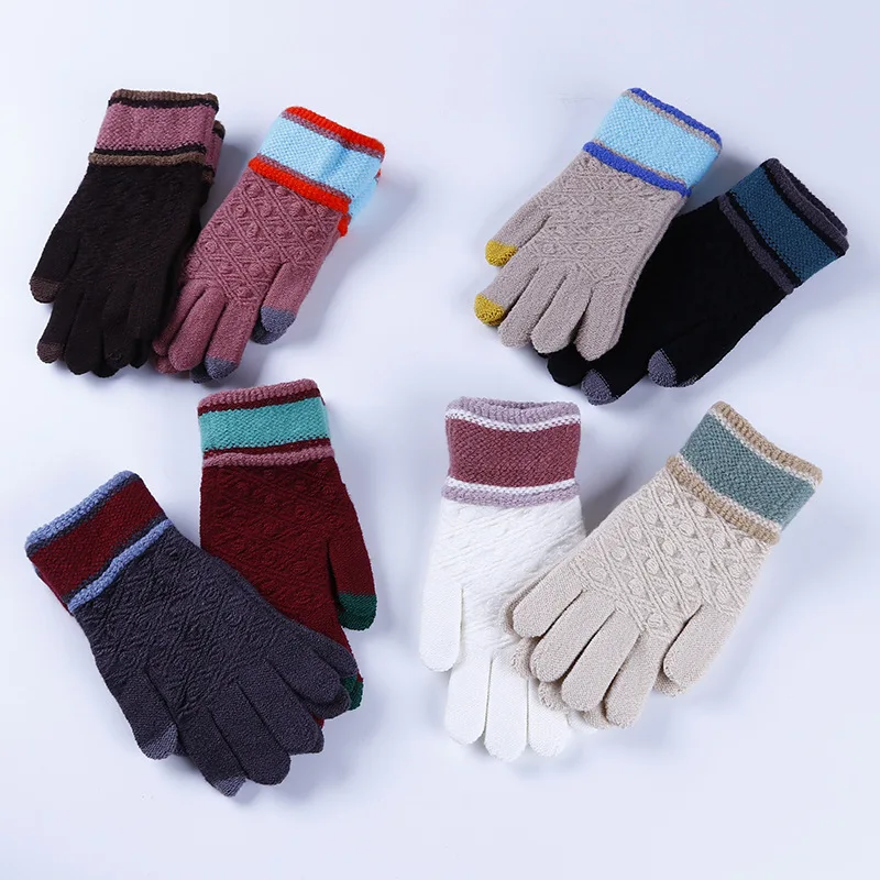 

Plus Velvet Thicken Knitted Gloves Soft Splicing Colors Touch Screen Gloves Warm Mittens Full Finger Imitation Cashmere