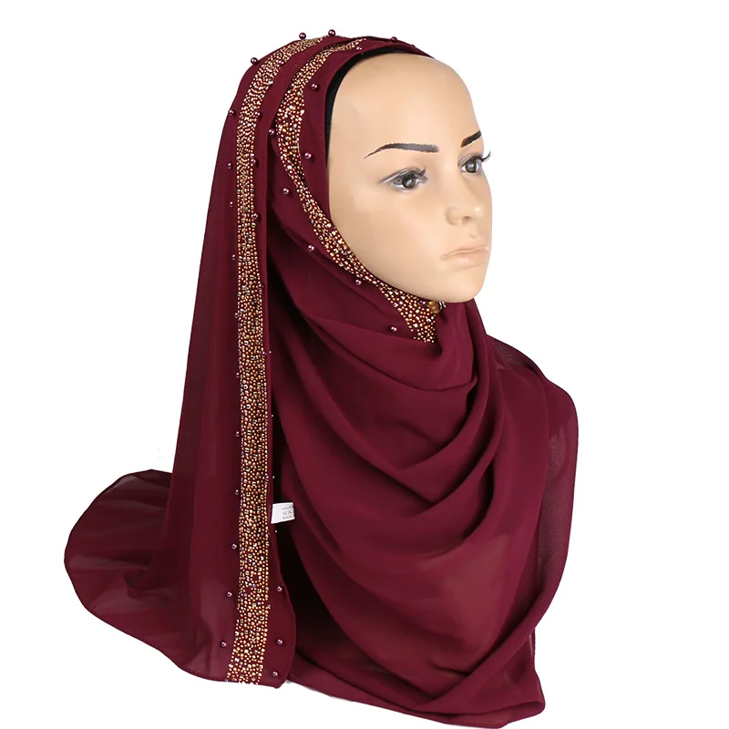 Бисер пузырь шифон хиджаб шарф блеск простой хиджаб мусульманские платки шарфы платок жемчуг Обертывания шарфы-повязки 10 шт./лот