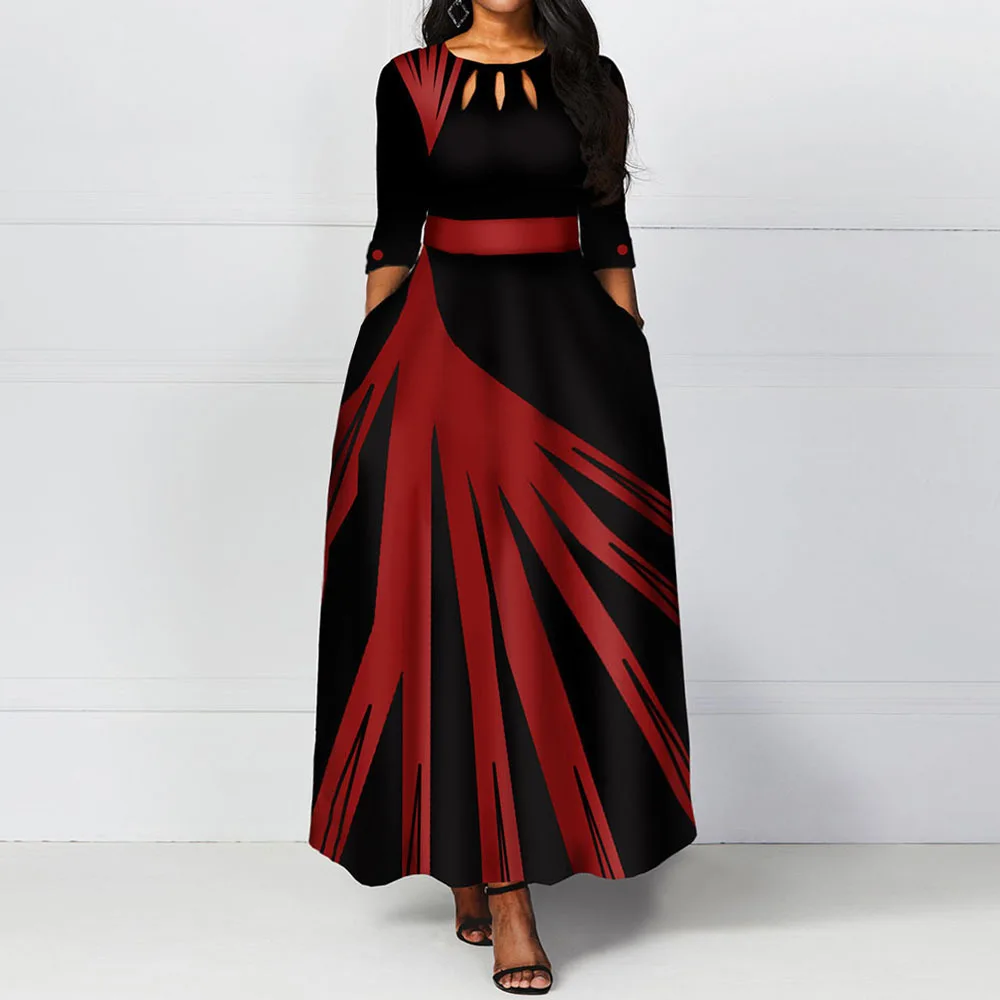 

Women Summer Long Dress Vintage Color Block Red A Line Pocket Hollow Out African Ladies Work Wear Maxi Office Dress Retro 2XL