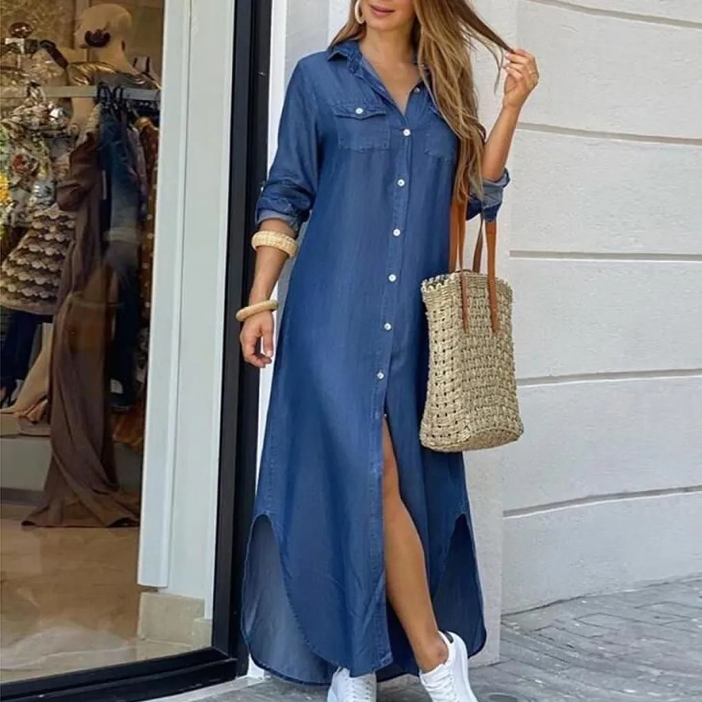 Vestido largo de otoño de manga larga para mujer, vestidos largos de tela vaquera con bolsillos y botones, estampado, informal, suelto, 2020