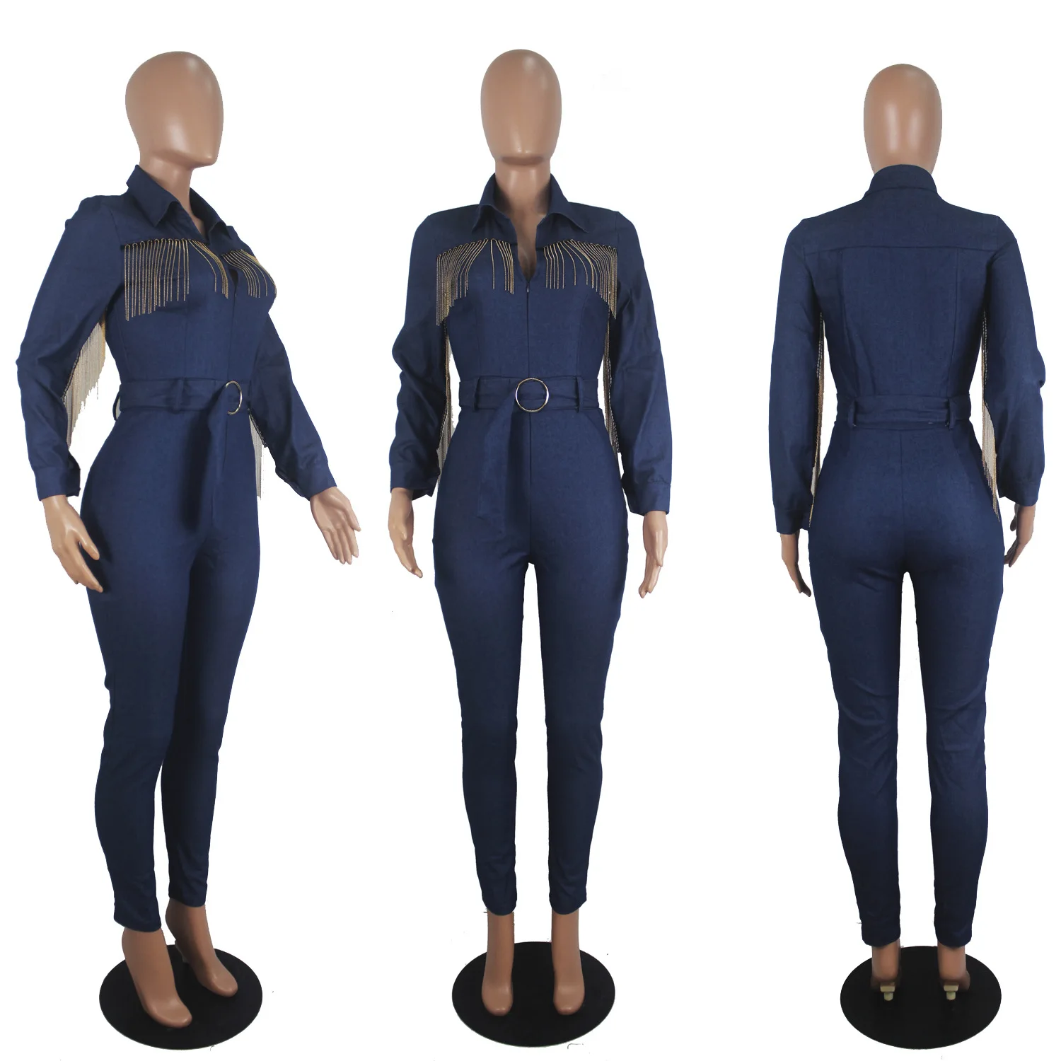 Джинсовые комбинезоны, Женский Осенний комбинезон с длинным рукавом и поясом, Облегающий комбинезон, сексуальный клубный комбинезон с кисточками, комбинезоны больших размеров - Цвет: Синий