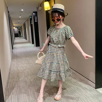 

New 2020 Summer Teen Kids Retro Plaid Clothes Set For Girl Short Sleeve Shirt+Pleated Skirt Suit For Girls Clothing Outfits W239