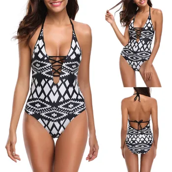 

2020 New Arrival Women Sexy Jumpsuit Floral Print Underwear Halter Hollow Out Bathing Suit Push Up Padded Lengerie Traje de baño
