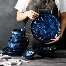 

Japanese Retro Kiln Changed Ceramics Dinner Plates Bowls Blue Dishes Creative Cake Food Plate Salad Bowl Tableware Fish Plate