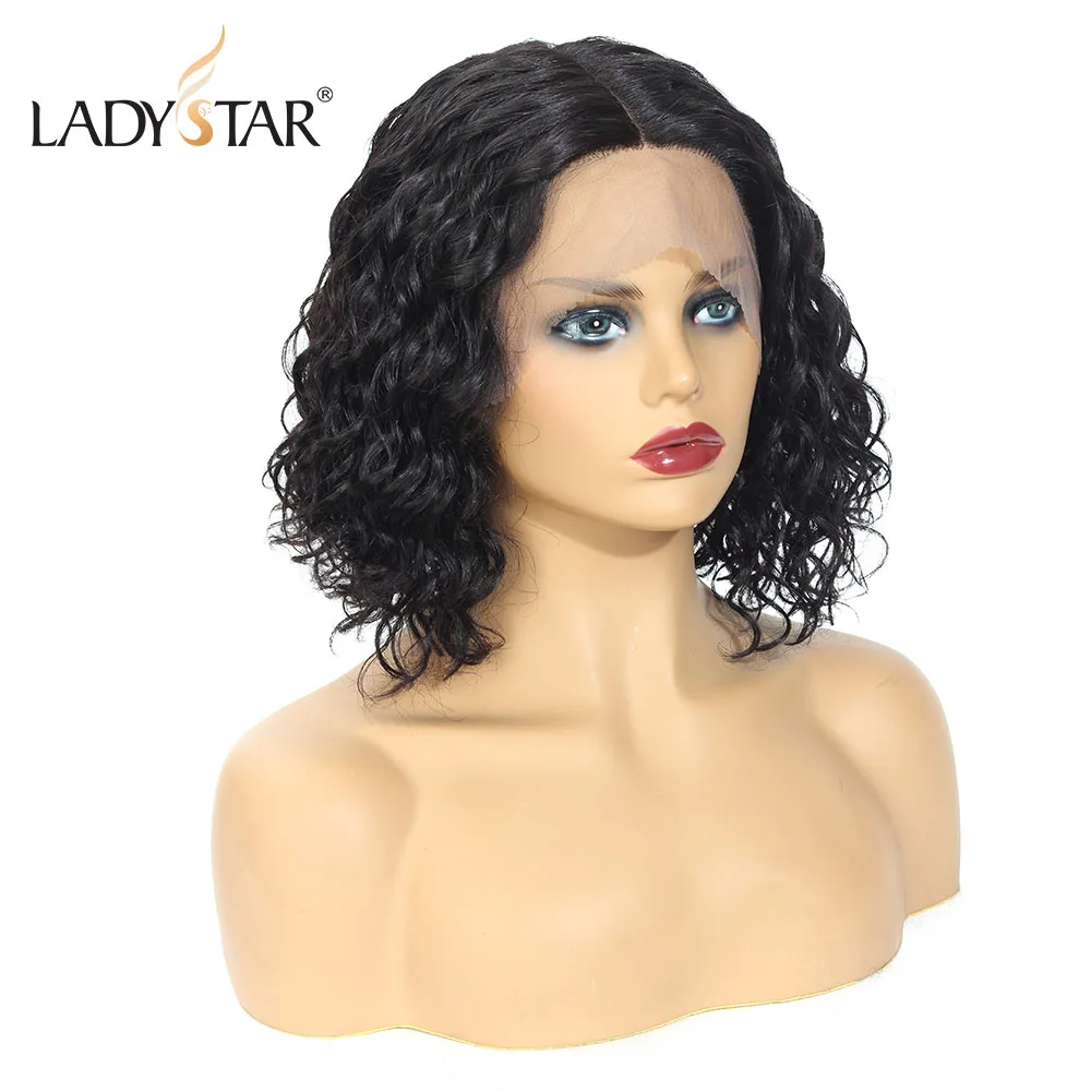 LADYSTAR Короткие Т-образные кружева Джерри вьющиеся человеческие волосы парик бразильские волосы remy боб парики для женщин с бесплатной доставкой