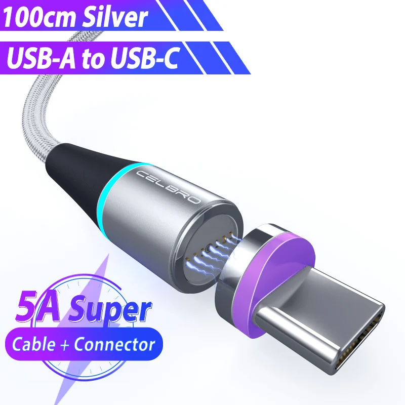 Магнитный кабель Micro usb type C Tipoc Led 5A Supercharge для huawei P30 P20 P10 mate 30 20 Pro Lite Cabo Usb Magnetico 1 м 3.3ft - Цвет: silver for Type c 5A