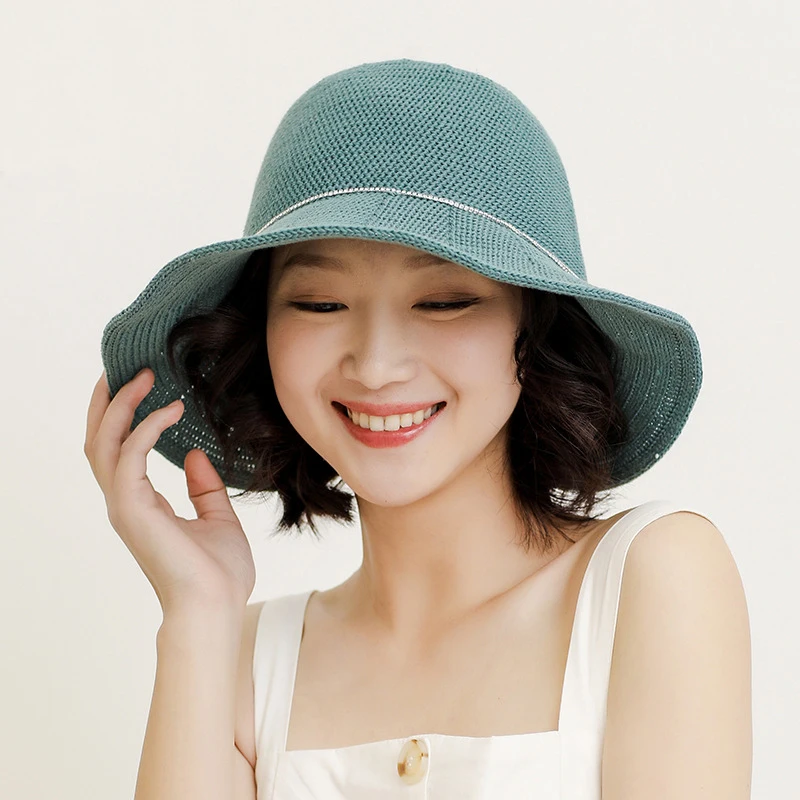 

HT2995 New Korea Style Spring Summer Hat Lady Elegant Wide Brim Sun Hat Female Fishing Cap Breathable Knitted Bucket Hat Panama