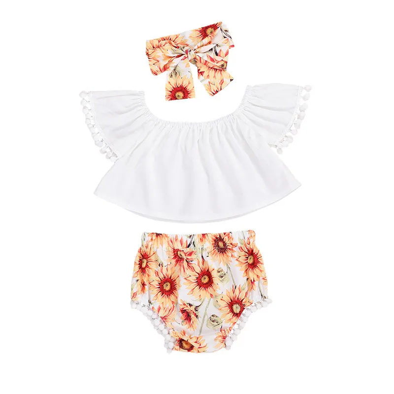 

2020 Summer Infant Clothing Baby Girls Clothes 3Pcs Fly Sleeve Top Sunflower Shorts Headband Outfit Clothes Newborn Set