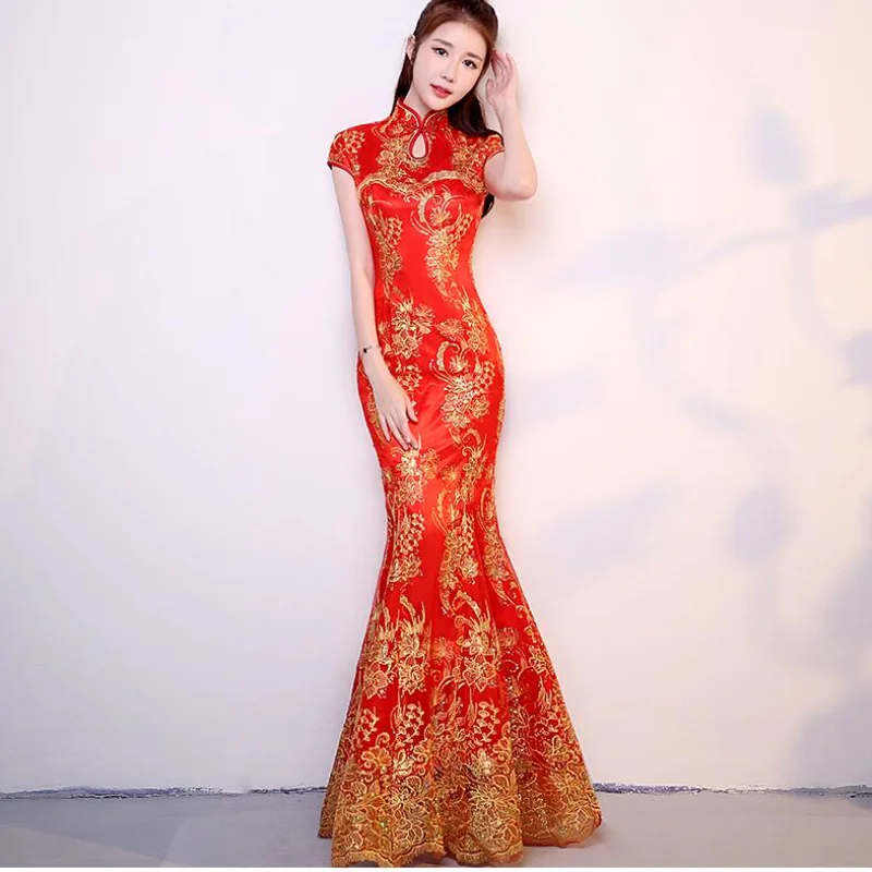 

Women's Qipao Red Chinese Wedding Dress Women Short Sleeve Cheongsam Gold Slim Chinese Traditional Fishtail Dress